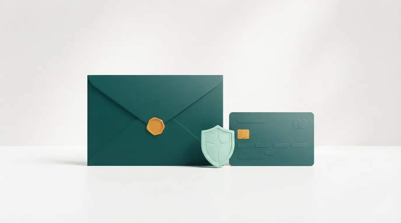 A teal envelope, payment card and mint shield arranged as a security still life